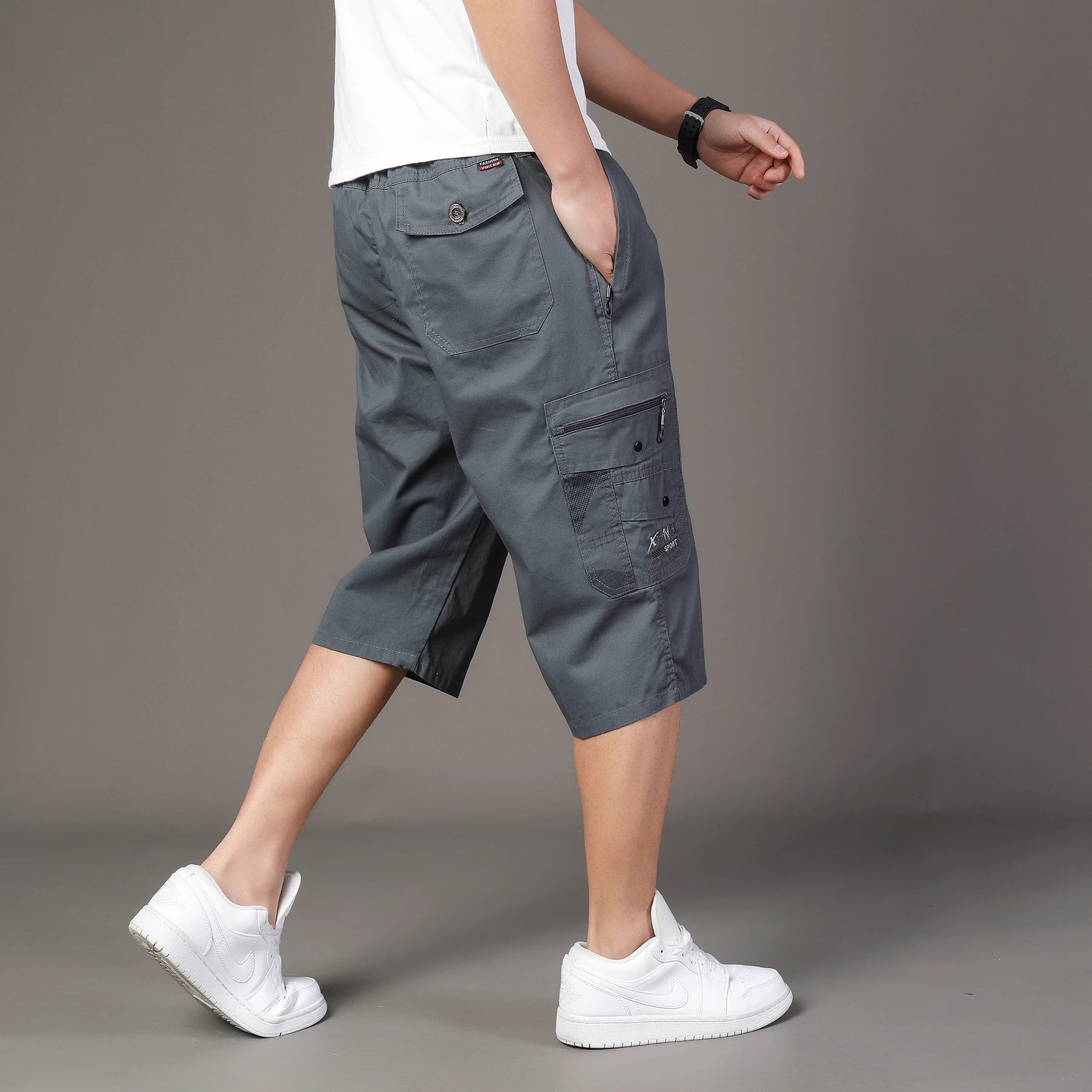 Zipper Pocket Workwear Shorts Mens Knee Cargo Pants 2026 Summer Cotton Shorts Men Climbing Jogger Elastic Waist Sports Work Wear